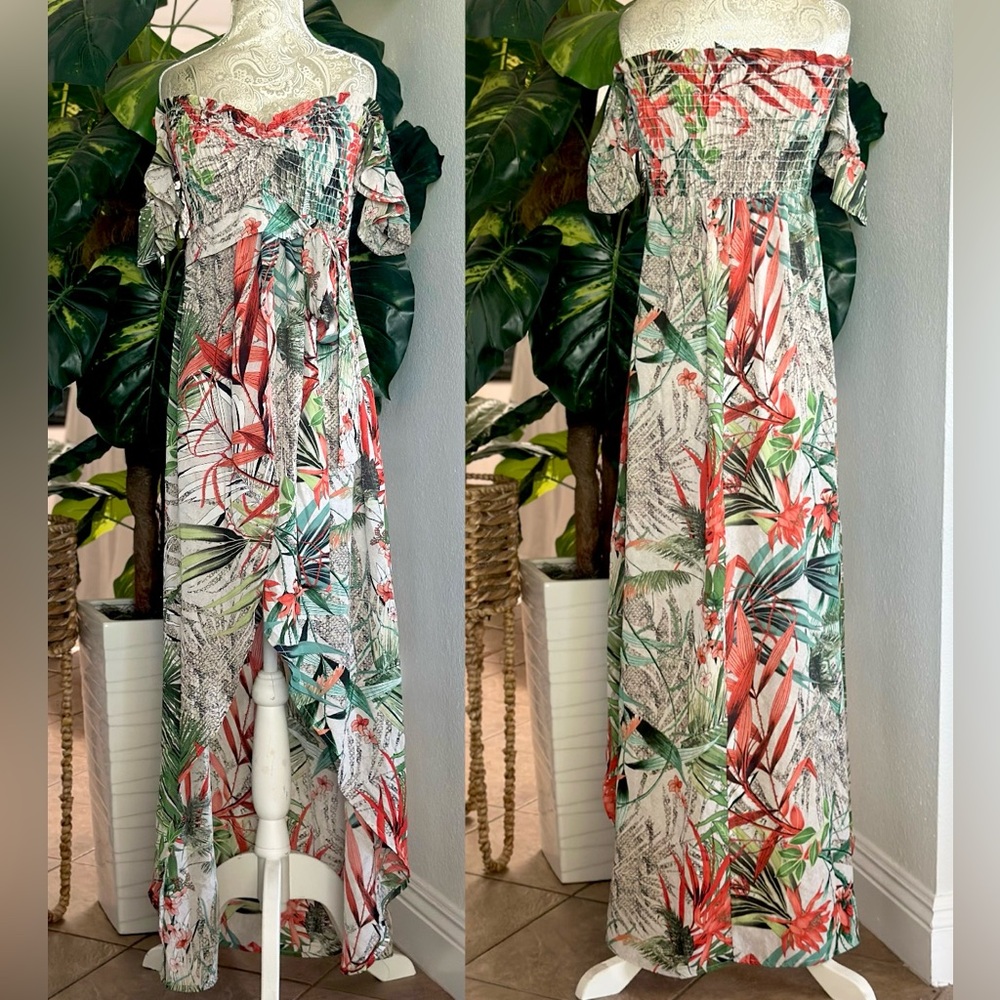 Sexy Stretch Tropical Off-Shoulder Maxi Dress Summer Vacation Festival Medium